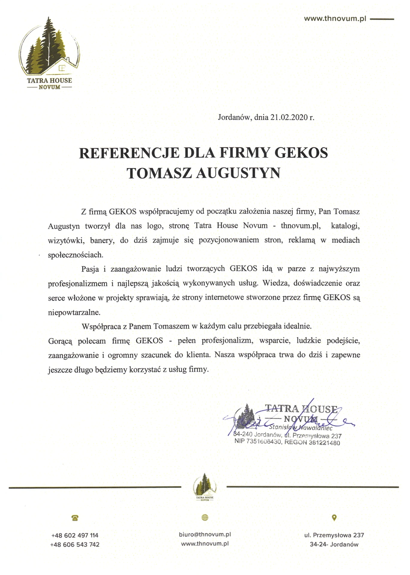 List referencyjny dla firmy Gekos - Tatra House Novum, Stanisław Hawalaniec (Jordanów, 21.02.2020)