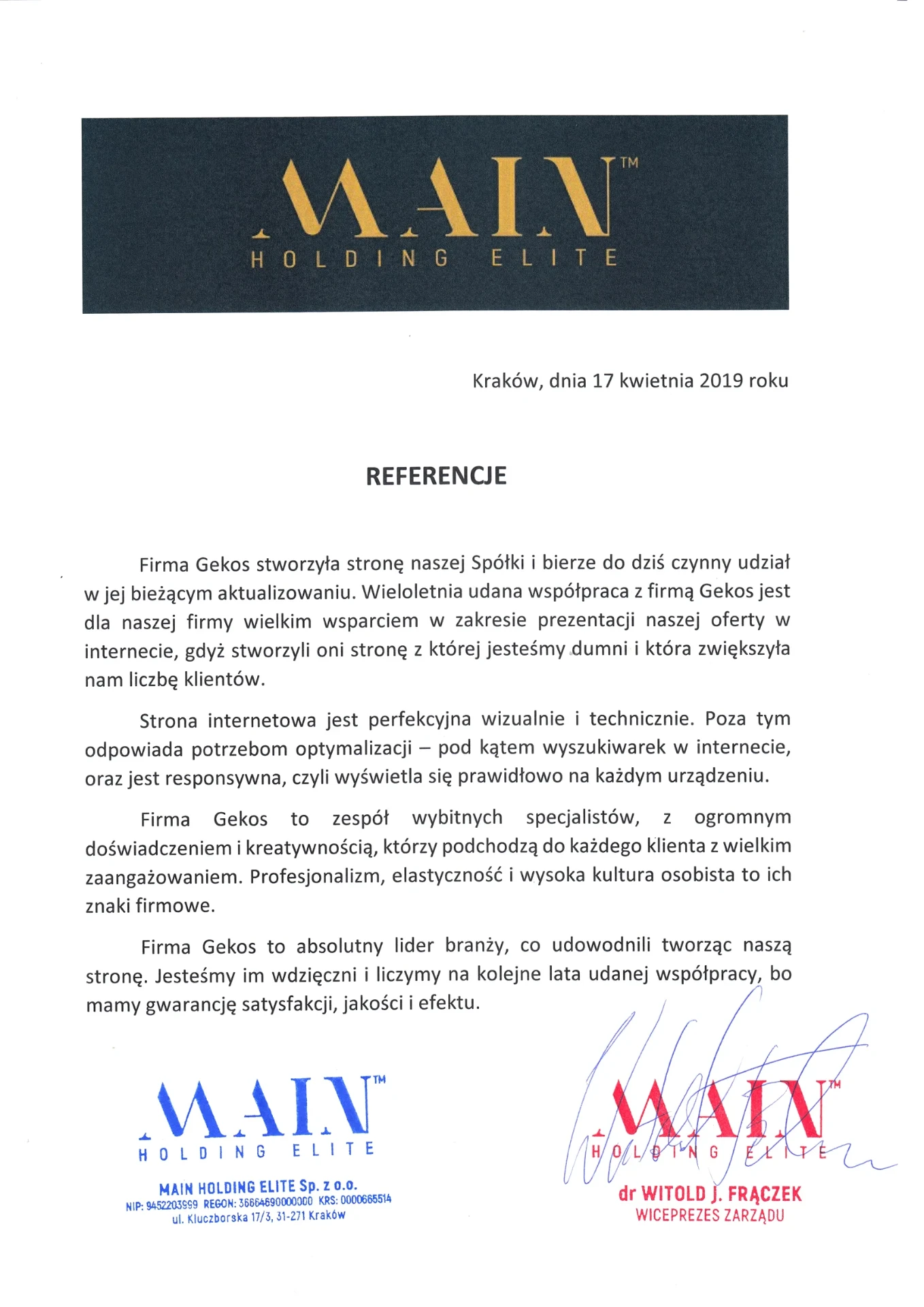 List referencyjny dla firmy Gekos - Main Holding Elite, dr Witold J. Frączek - Wiceprezes Zarządu (Kraków, 17.04.2019)