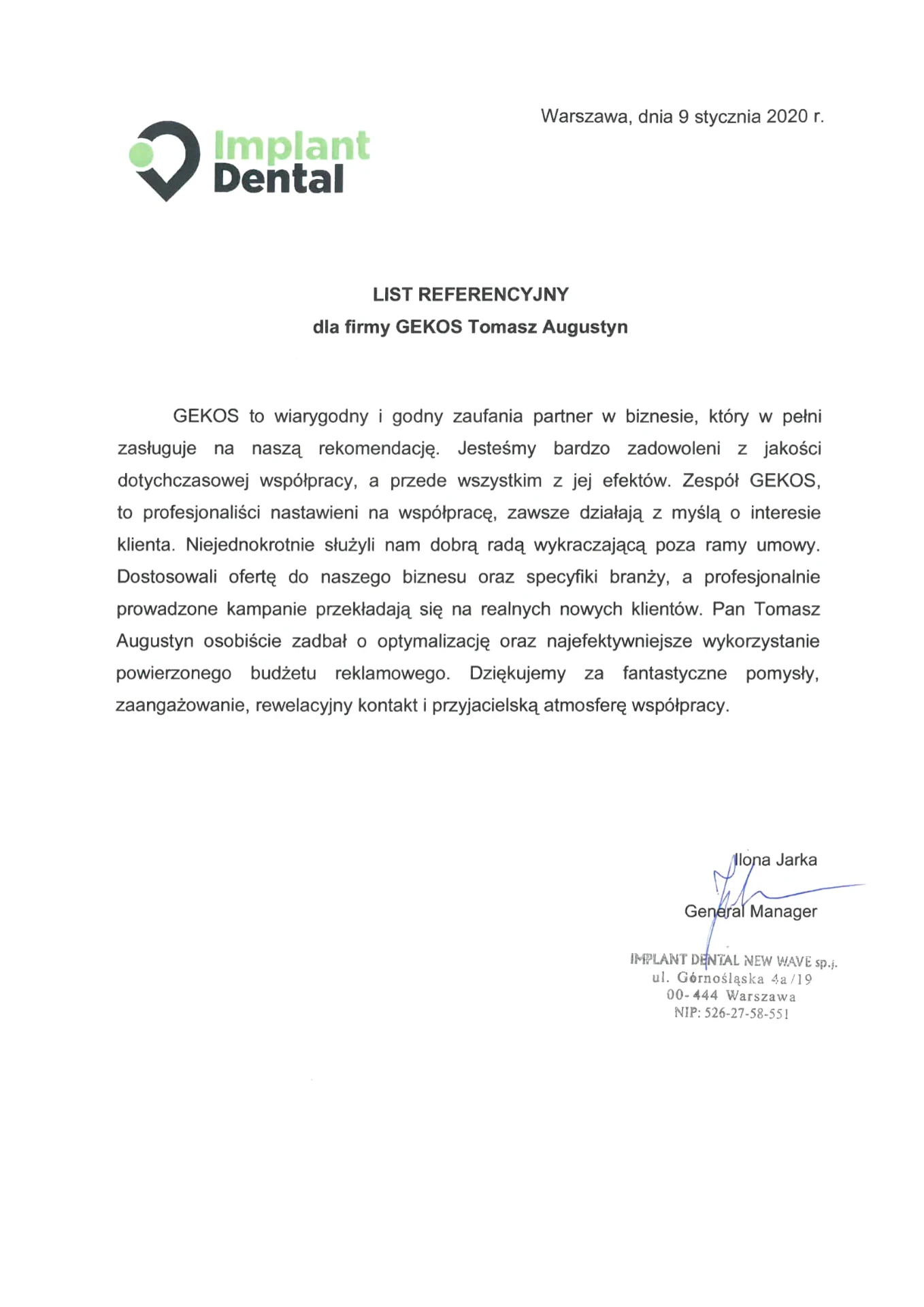 List referencyjny dla firmy Gekos - Implant Dental, Ilona Jarka - General Manager (Warszawa, 09.01.2020)