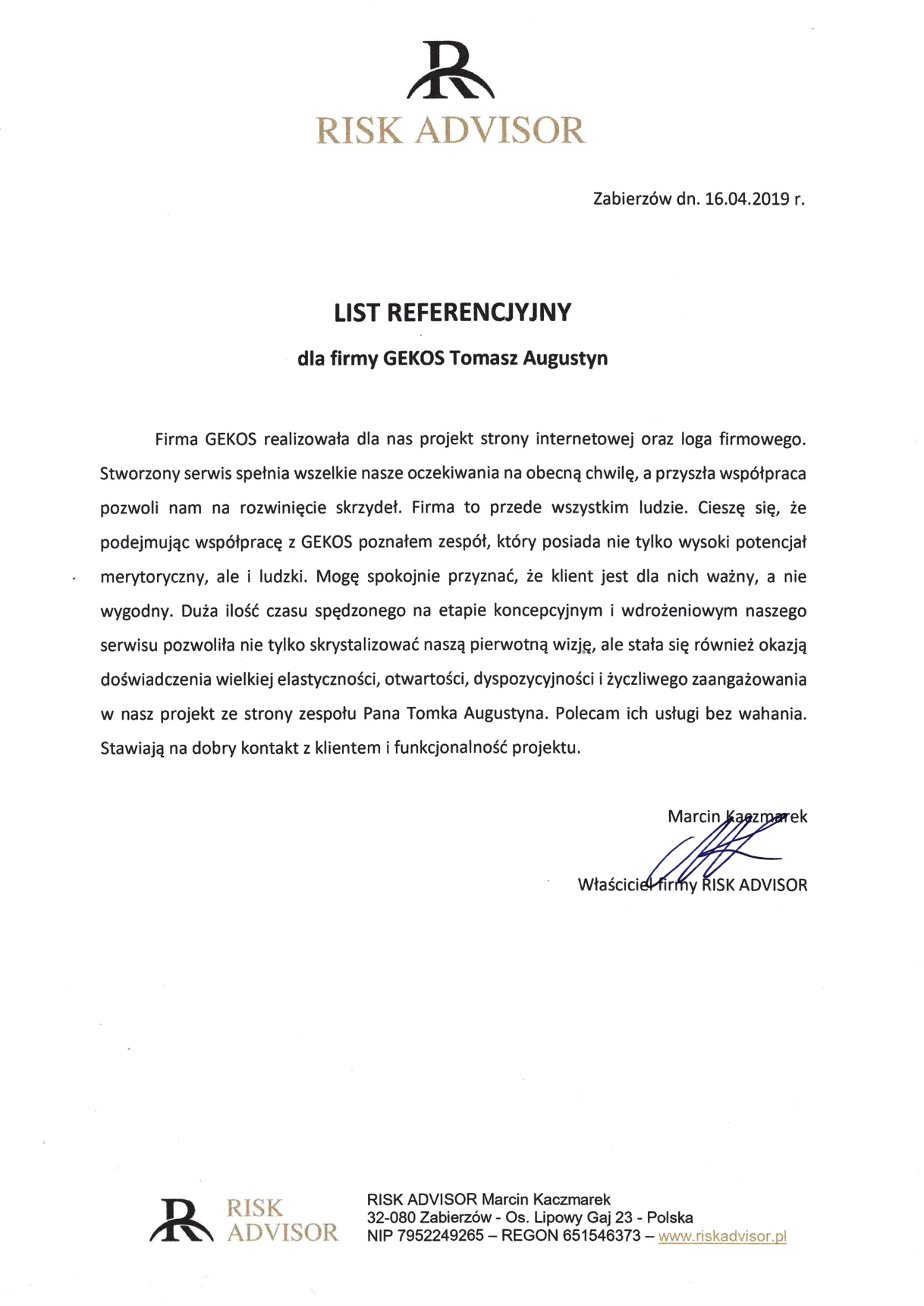 List referencyjny dla firmy Gekos - Risk Advisor, Marcin Kaczmarek - Właściciel (Zabierzów, 16.04.2019)