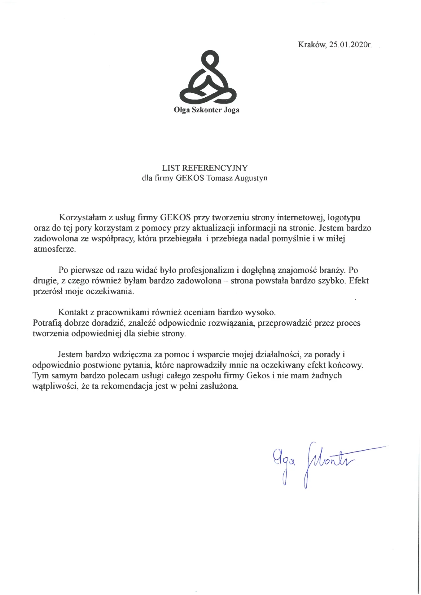 List referencyjny dla firmy Gekos - Olga Szkonder Joga, Olga Szkonder (Kraków, 25.01.2020)